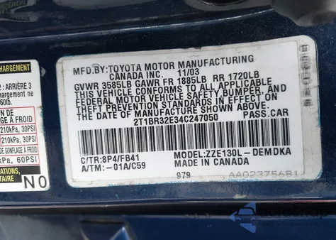 2004 Toyota Corolla Ce z USA, uszkodzony, nr VIN 2T1BR32E34C247050